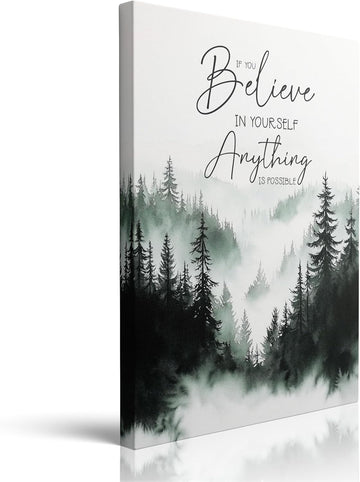 Inspirational Quote Wall Art If You Believe in Yourself Canvas Framed Print Motivational Foggy Forest Pine Trees