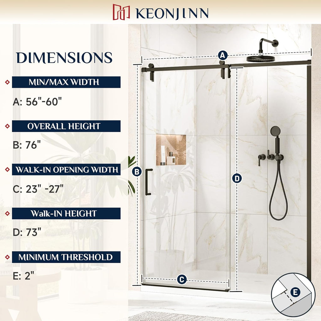 Single Sliding Shower Door, 55-60" W x 76" H Frameless Shower Door
