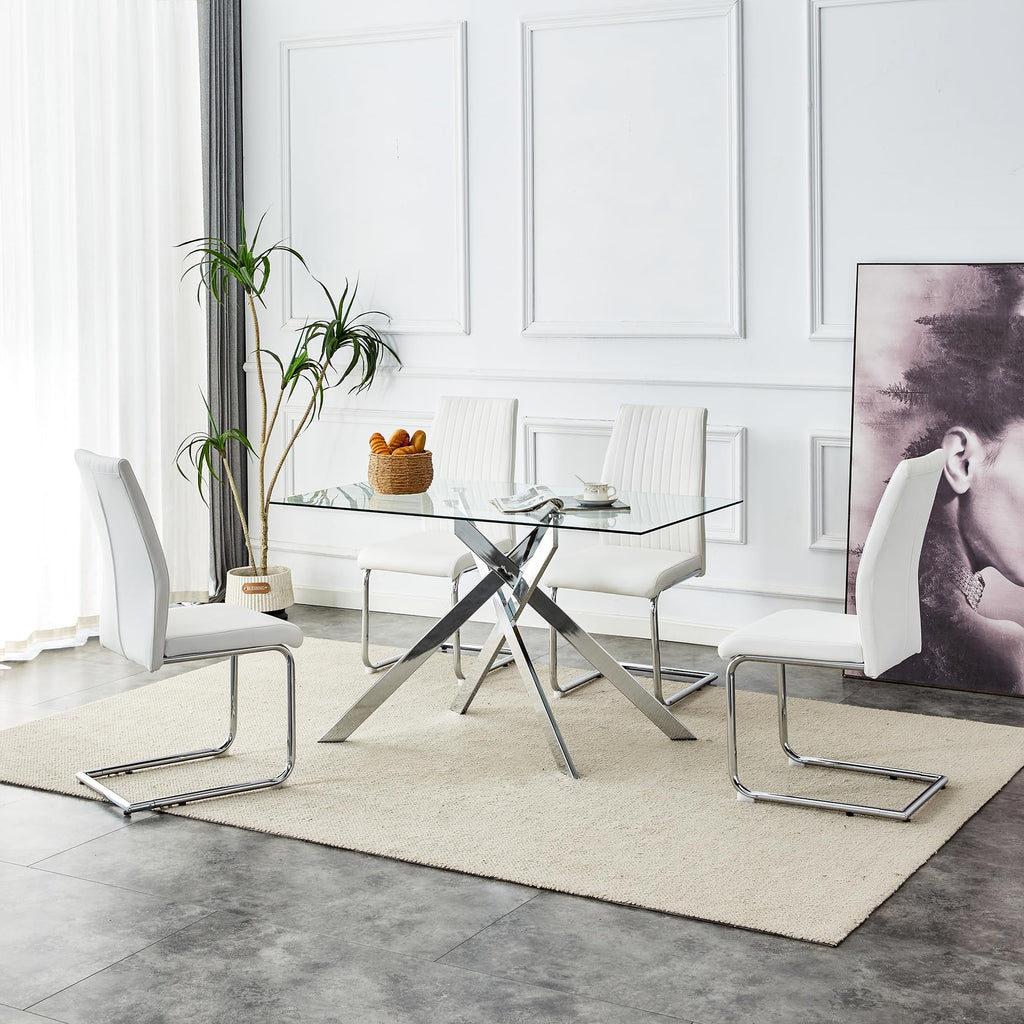 Rectangular Glass Dining Table, Tempered Glass Tabletop and Metal Legs, Modern Style Glass Kitchen Table (Silver