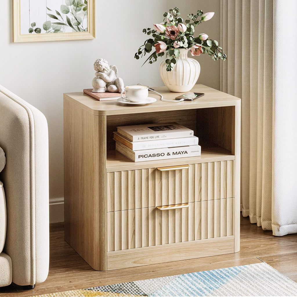 Fluted Night Stand Set of 2, Modern Nightstand with Charging Station, Drawers and Open Shelves - Bedside Table Wood