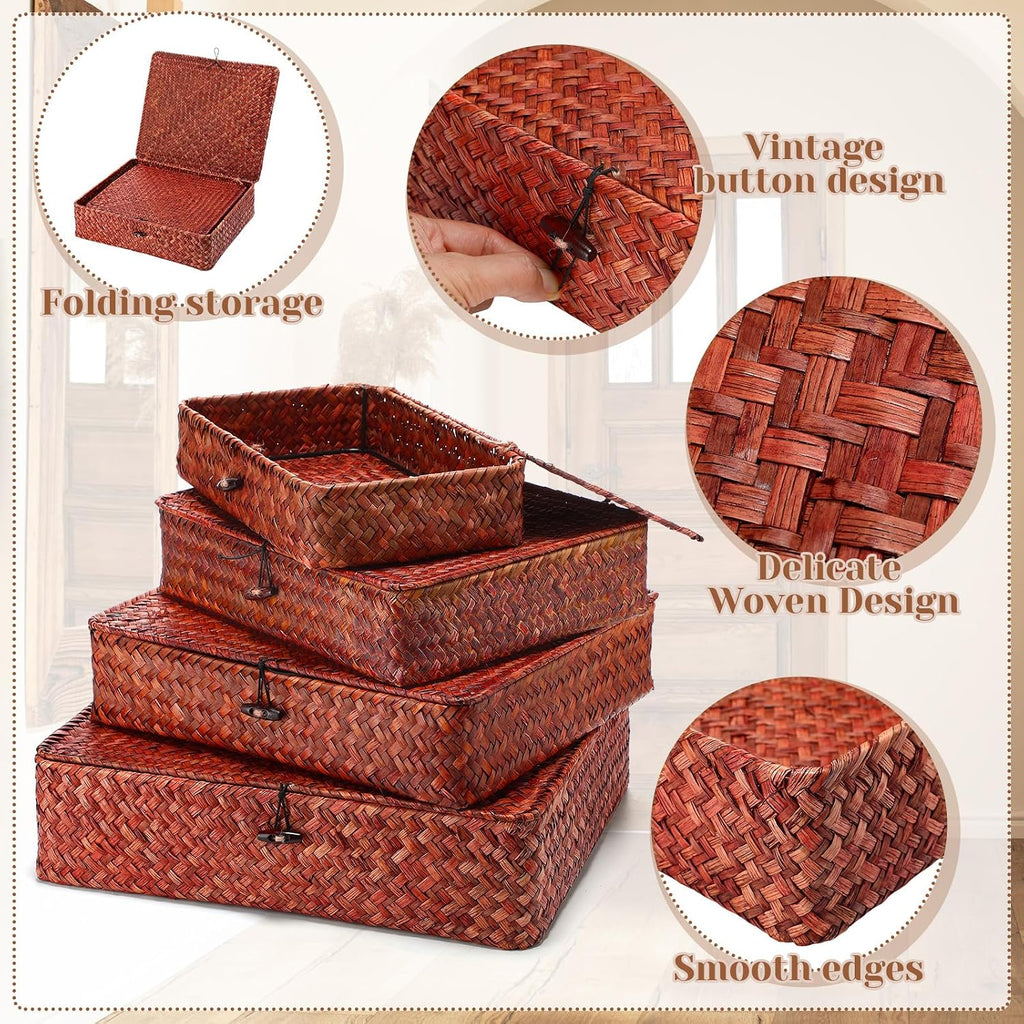 Set of 4 Seagrass Basket with Lid Wicker Storage Basket Decorative Storage Boxes with Lids Flat Storage Bins Woven