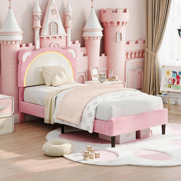 Pink Bed Frame Twin XL Size with LED Lights & Adjustable Headboard | Cute Bear Ear Kids Bed Frames, Velvet
