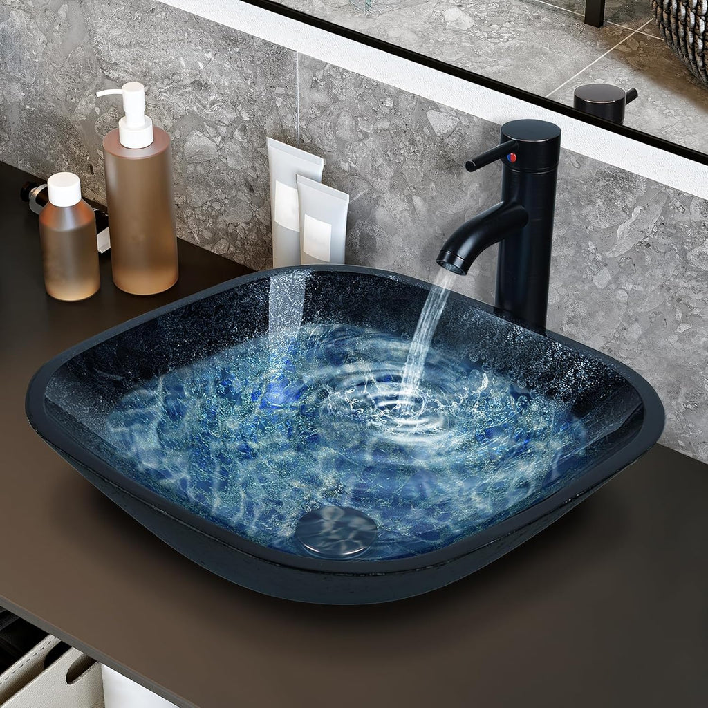 Artistic Square Bathroom Sink Blue Tempered Glass Vessel Sink Combo with Faucet 1.5 GPM and Pop up Drain Bathroom Bowl