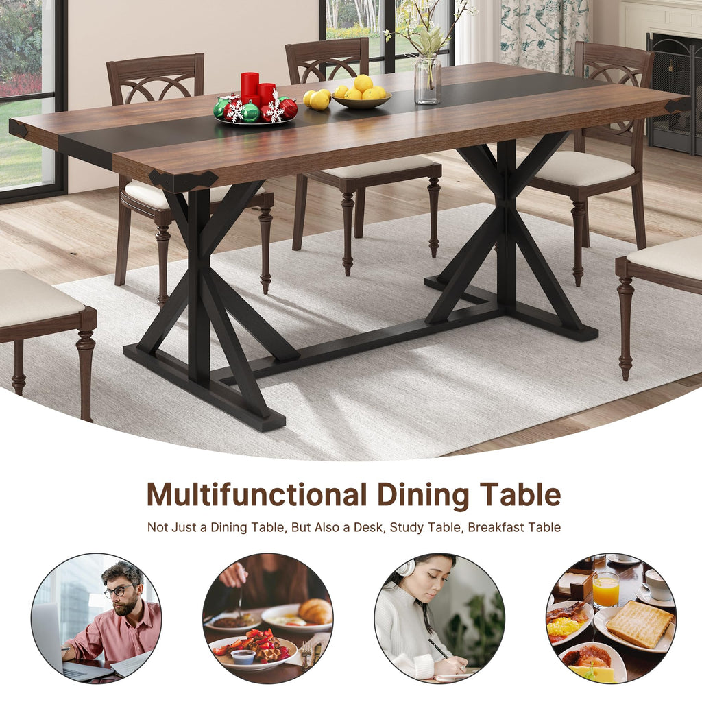 71 Inch Dining Table for 6 People, Rectangular Kitchen Farmhouse Table W/Thickness Waterproof Wood Tabletop, Long