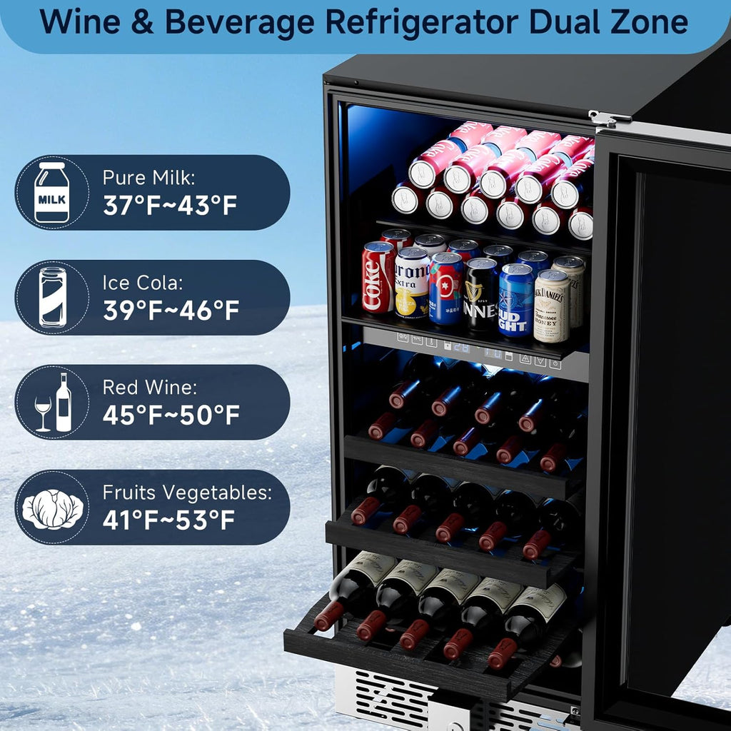 15 Inch Wine Fridge Dual Zone, Built in Wine Cooler Refrigerator 15 Inch Wide, 3