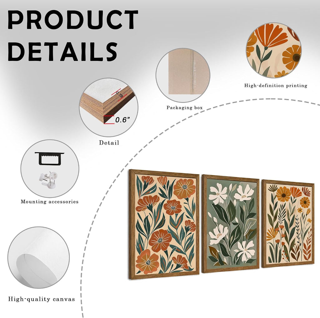 3 Piece Abstract Boho Floral Canvas Wall Art, Green Beige Flower Market Wall Decor, Minimalist Colorful Botanica