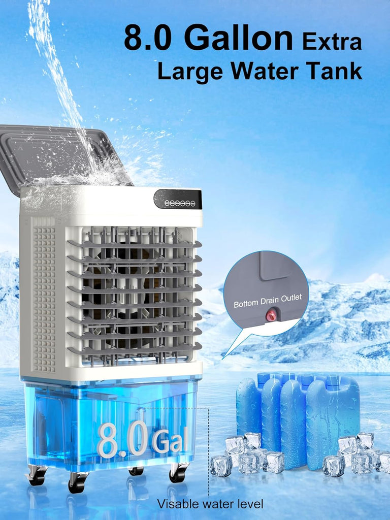Swamp Cooler, 36 Inch Evaporative Air Cooler with 8 Gal Water Tank, 2500 CFM, 120° Oscillation, 3 Modes & 3 Speeds