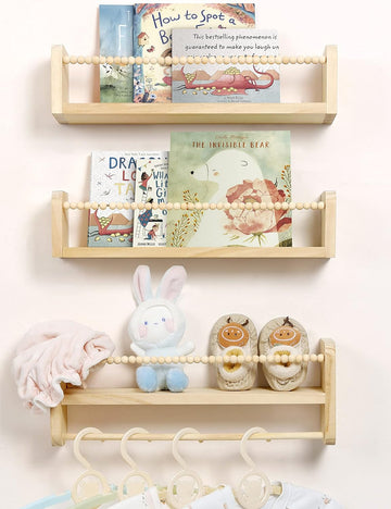 Nursery Shelves for Wall Set of 3, Natural Wood Floating Shelves | Kids Bookshelf with Towel Bar, Wall Mounted
