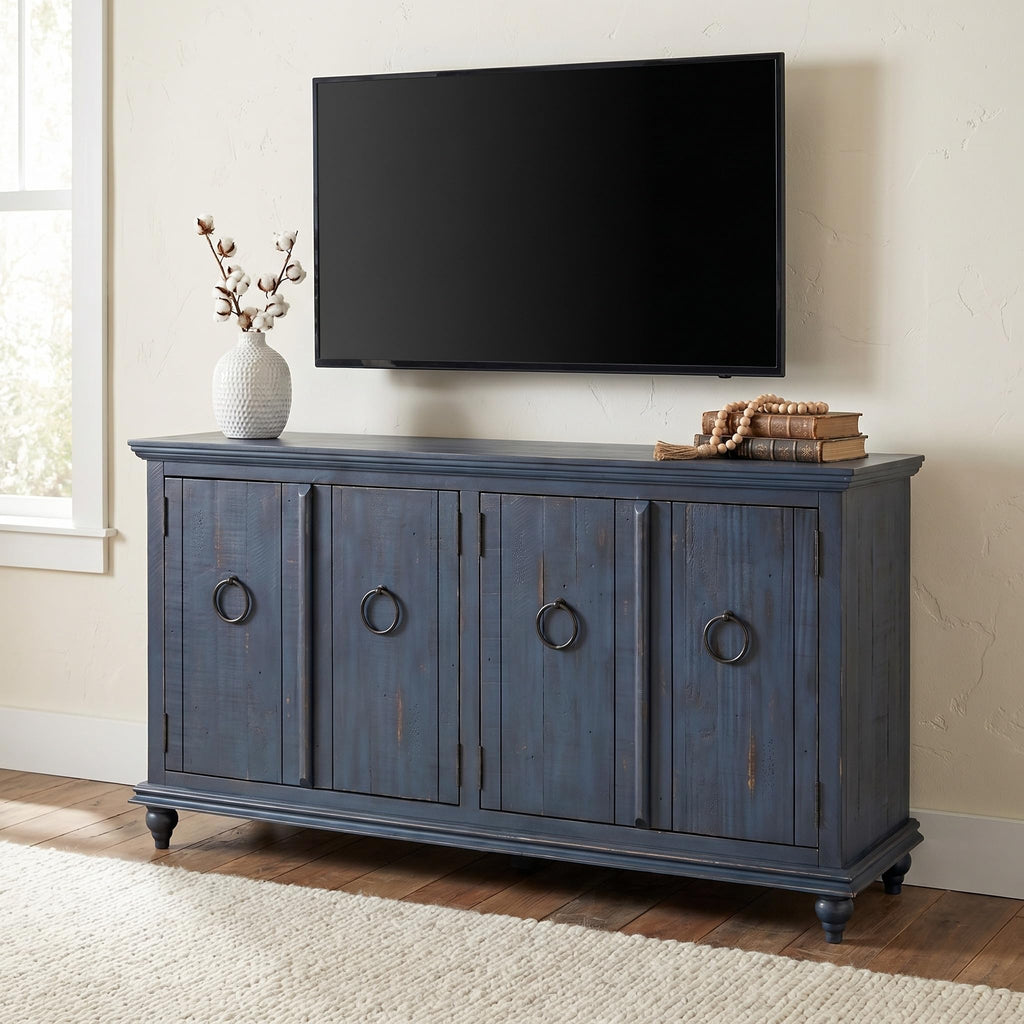 Garden District 65" Solid Wood TV Stand, Rustic Blue