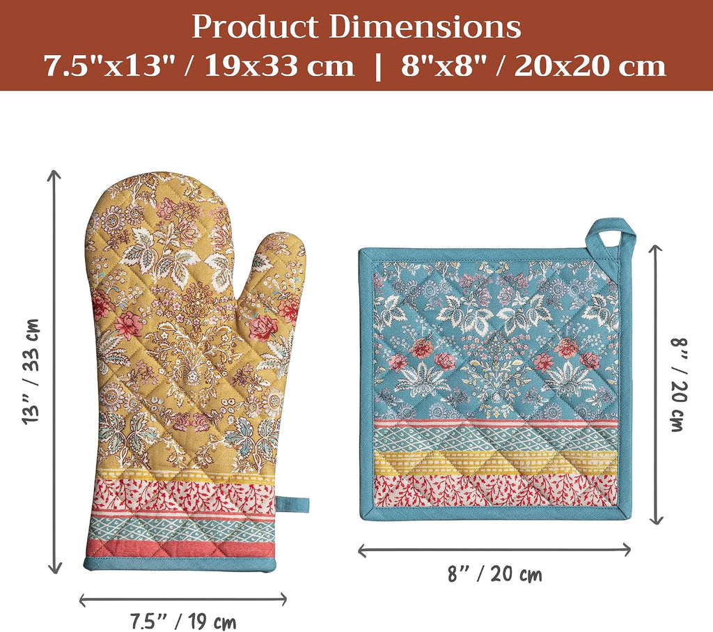 100% Cotton Oven Mitt & Pot Holder Set (7.5"x13" & 8"x8") | Heat Resistant BBQ Cooking Gloves with Loop Baking
