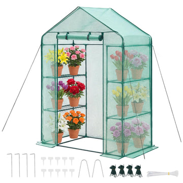 Walk-in Greenhouse, 55.5" x 28.3" x 78.7" Greenhouse for Outdoors with PE Cover, 2 Tiers 4 Shelves, Roll-Up Zipper