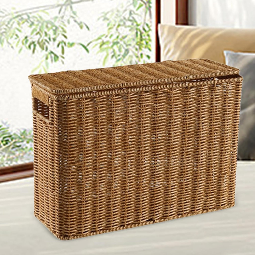 Narrow and Tall Storage Box Woven Storage Basket with Lid Lightweight Decorative Storage Bin with Handle Clothing, S