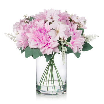 Pink Dahlia Artificial Flowers in Vase, Silk Faux Flower Arrangements in Vase with Faux Water for Dining Table