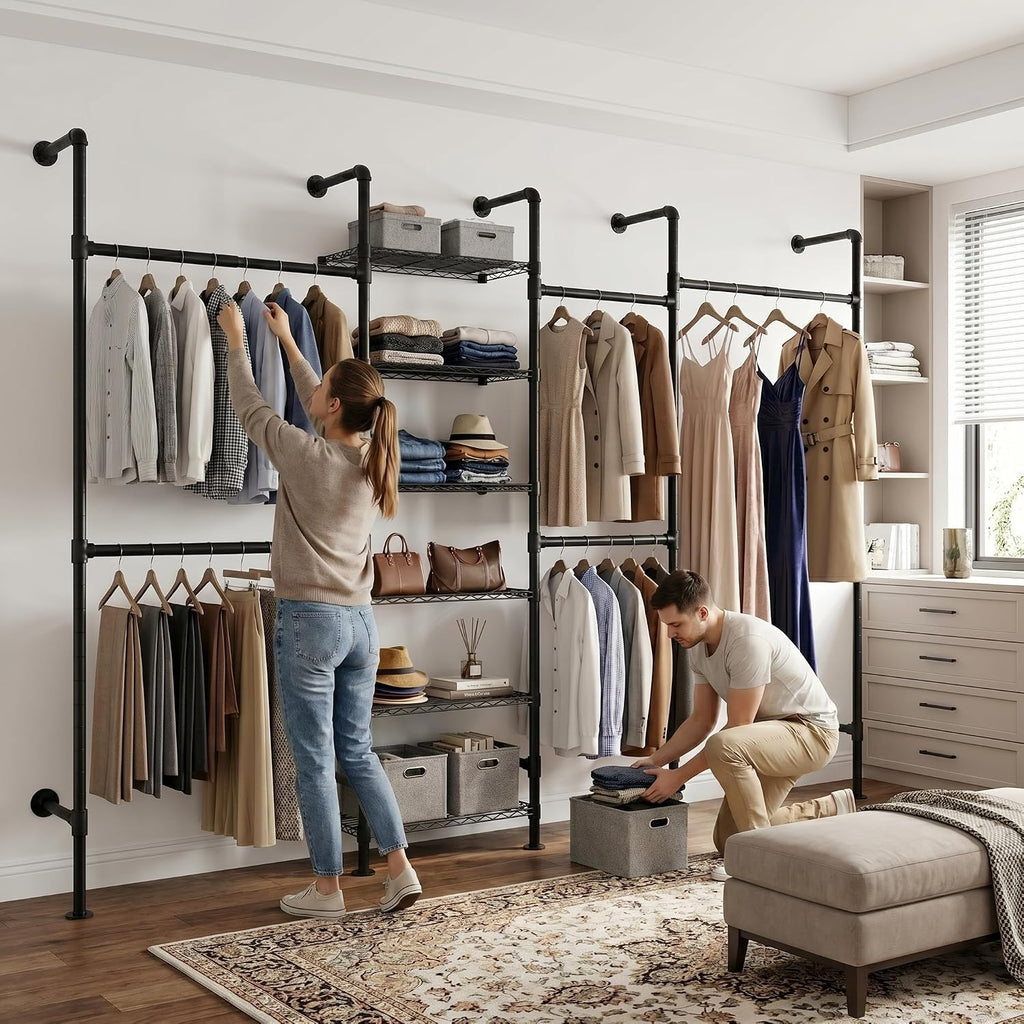 F4 Wall Mounted Closet System, Industrial Pipe Clothing Rack for Hanging Clothes, Heavy Duty Closet Organizer System