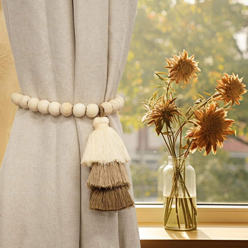 Magnetic Curtain Tiebacks with Wood Beads, Boho Rope Drapery Holdbacks with Triple Tassels, No Drill Curtain Holders