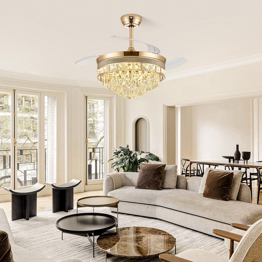 48 Inch Chandelier Ceiling Fans with Lights, Retractable Ceiling Fan with Lights, Crystal Fandelier Ceiling Fan