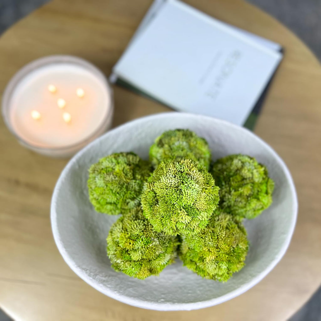 Luxurious White Textured Ceramic Bowl and Greenery Set,12.5x10.5 Inch Pedestal Decorative Bowl, with 6 Green