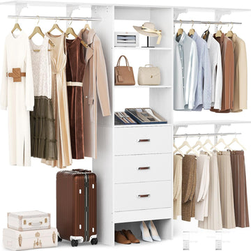 Closet System with Drawer - 8FT Wood Closet Organizer System with 3 Hanging Rods and Shelving Tower, 96" Walk In