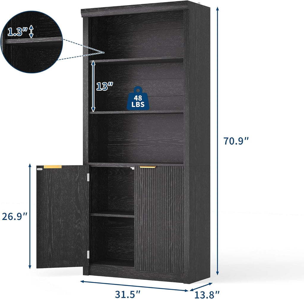 Modern Tall Book Shelf and Bookcase, 31.5"Wide Bookshelf with Doors, Farmhouse Book Case with Adjustable Top Shelf