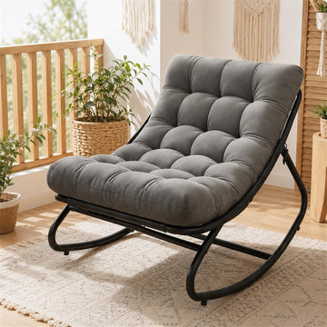 Outdoor Papasan Rocking Chair with Thick Cushion, 450 lb Capacity | Curved lounge profile, neutral gray finish and