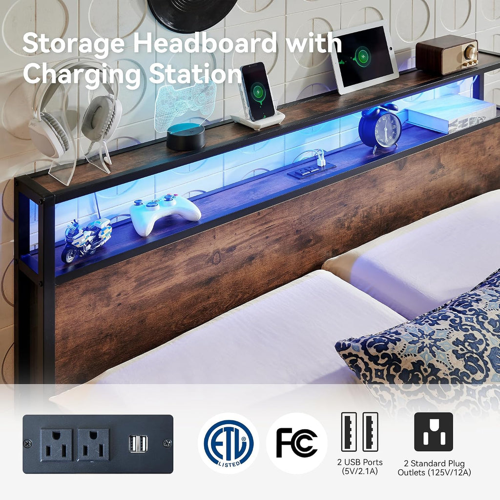 Full Bed Frame with 2-Tier Storage Headboard
