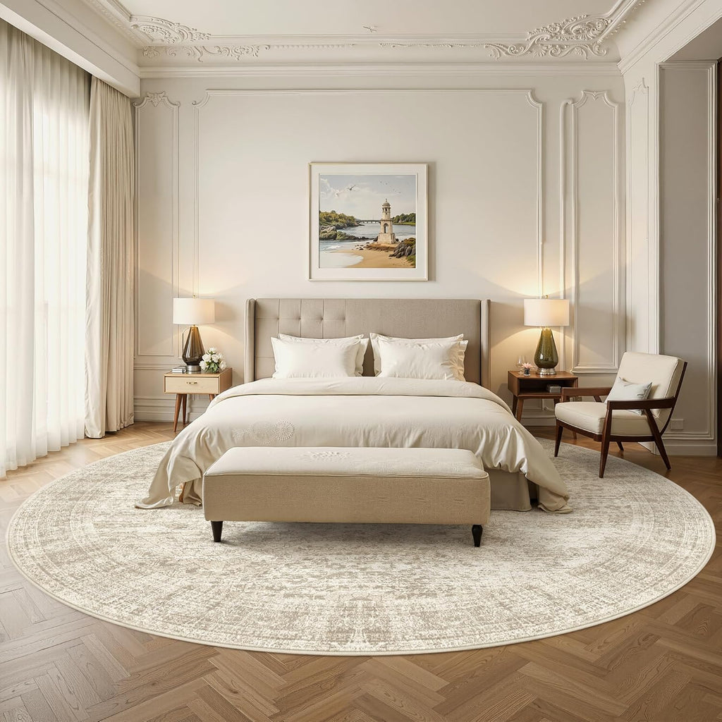 8x8 Beige Round Rug 8ft Living Room Circle Rug Vintage Round Area Rug Non Slip Indoor Carpet for Apa