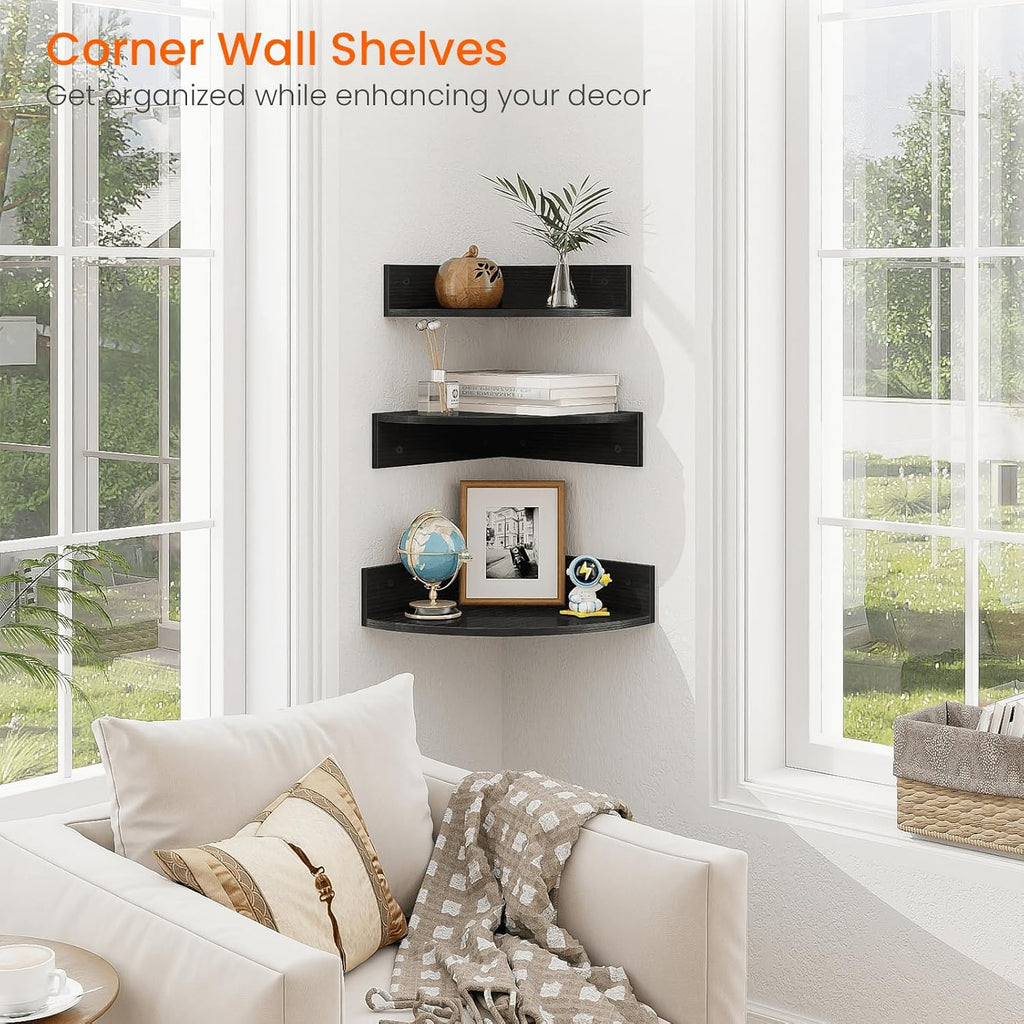 Corner Floating Shelves, Set of 3 Corner Shelves Wall Mounted with Cable Hole, 3 Tier Wooden Hanging Corner Storage