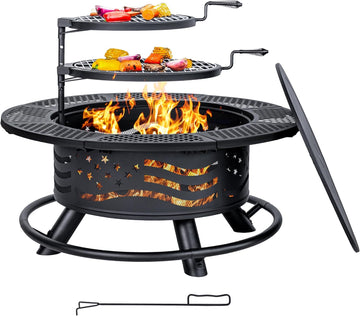 36 Inch Fire Pit with 2 Cooking Grates, Wood Burning BBQ Grill Firepit Bowl with Cover Lid, Steel Round Table - Black