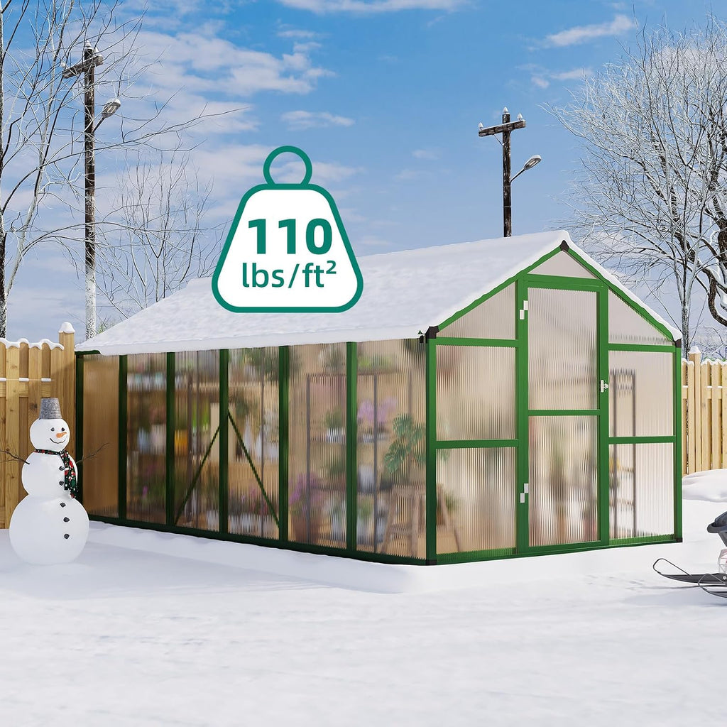 8 x 12ft Polycarbonate Greenhouse for Outdoors - Heavy Duty Aluminum Walk-in Greenhouse with Lockable Door