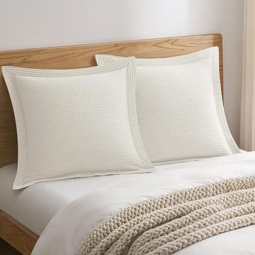 100% Cotton Waffle Euro Pillow Shams with Flange 2 Pack 26"x26", Cream