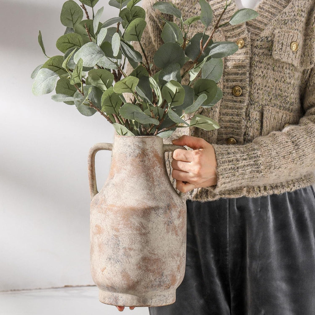 Ceramic Flower Vase with Handles, 11 inch Tall Vase