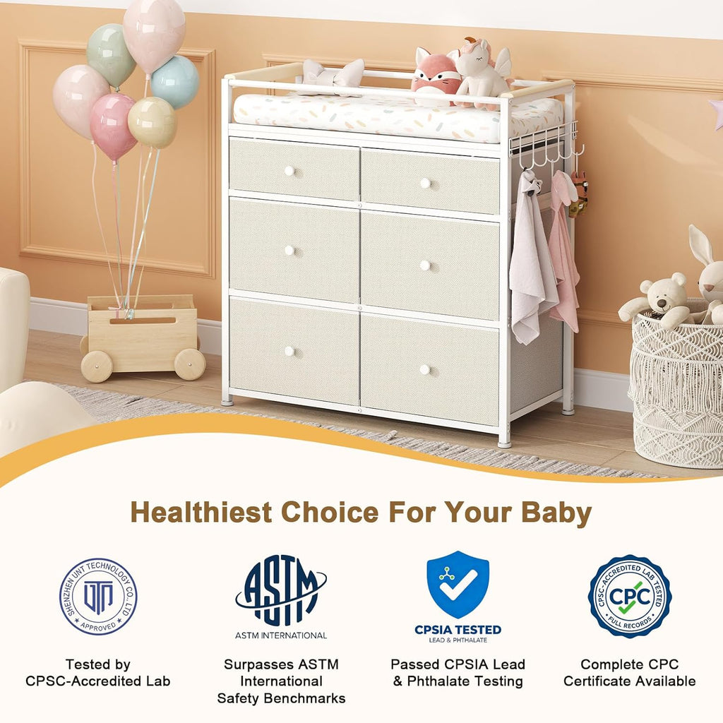Baby Diaper Changing Table & Station with 6 Drawers Organizer | Heavy Duty Baby Changing Table Organizer Dresser