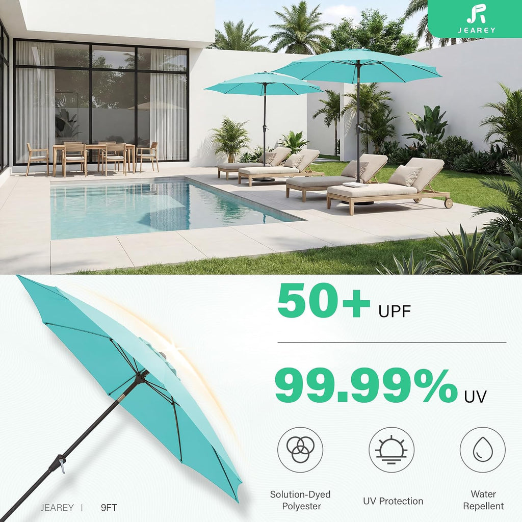 9FT Outdoor Patio Umbrella,Market Table Umbrella with 8 Fiberglass Ribs, Pool Umbrella with Tilt and Crank - Peacock Blu