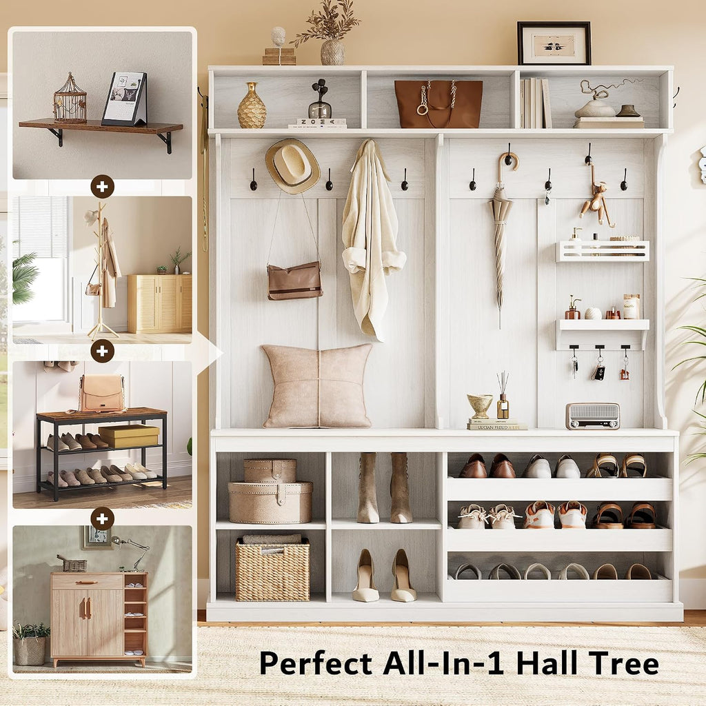 70" Large Hall Tree with Bench and Adjustable Shoe Storage, 6-in-1 Farmhouse Entryway Bench w/Coat Rack, Top Storage