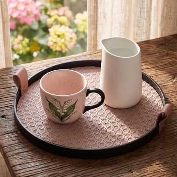 12 Inch Round Ottoman Tray, Woven Leather Serving Platter with Handles, Decorative Tray for Coffee Table Centerpiece