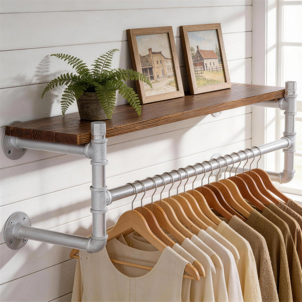 Wall Mounted Clothes Rack with Shelf, 36" Industrial Pipe Clothing Rack with Shelf with Hanging Rod, Heavy Duty Iron