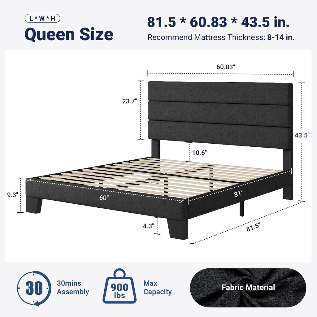 Queen Platform Bed Frame with Fabric Upholstered Headboard and Wooden Slats Support