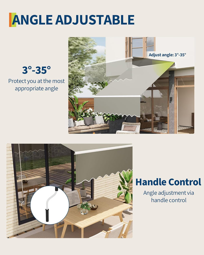 Manual Retractable Awning 10x8 ft Gray, 80 Sq.ft, Manual Crank, 5-35° Tilt, Waterproof UV50+ Deck