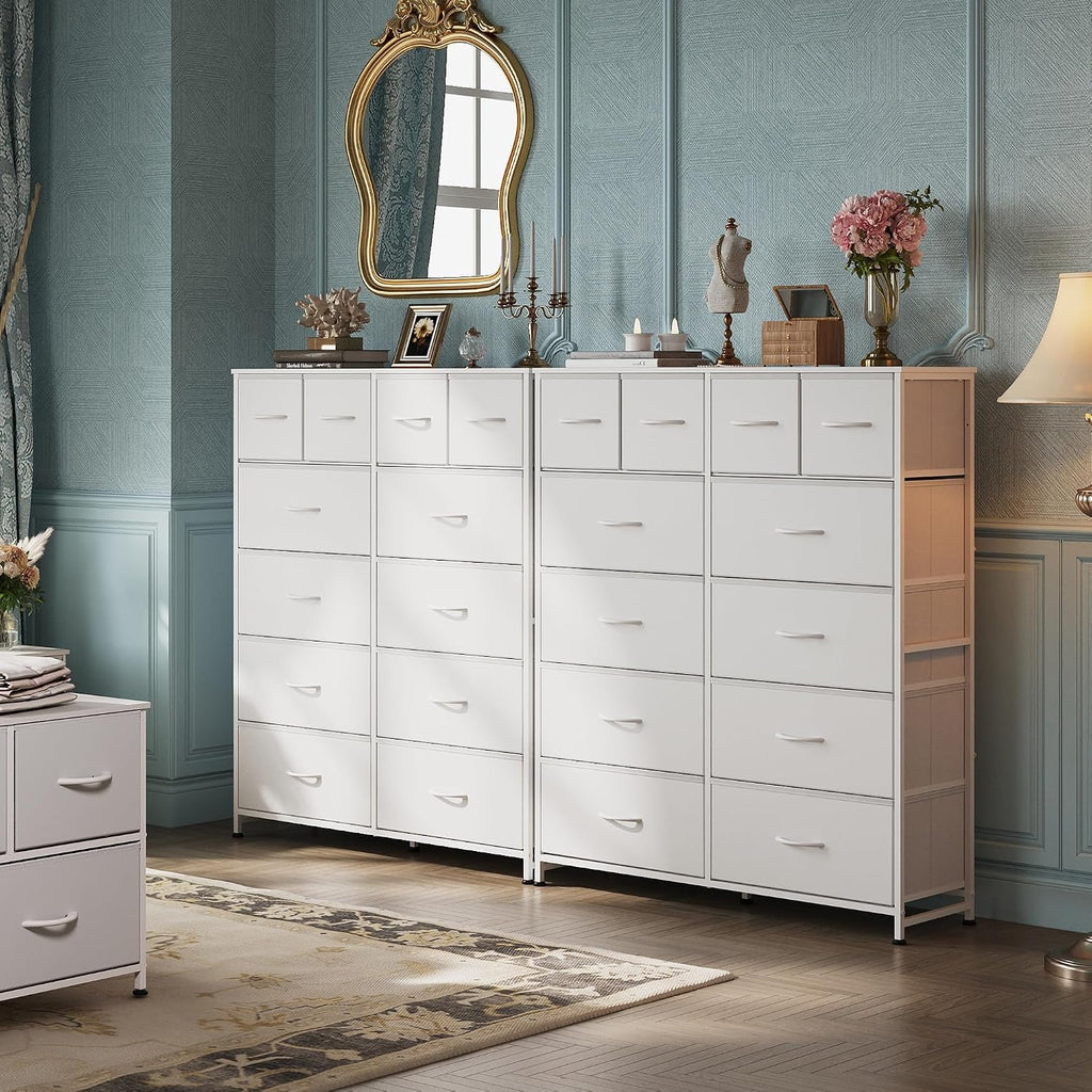 12 Drawer Tall White Fabric Dresser Bedroom Storage Chest | White tall 12-drawer fabric dresser with wood top
