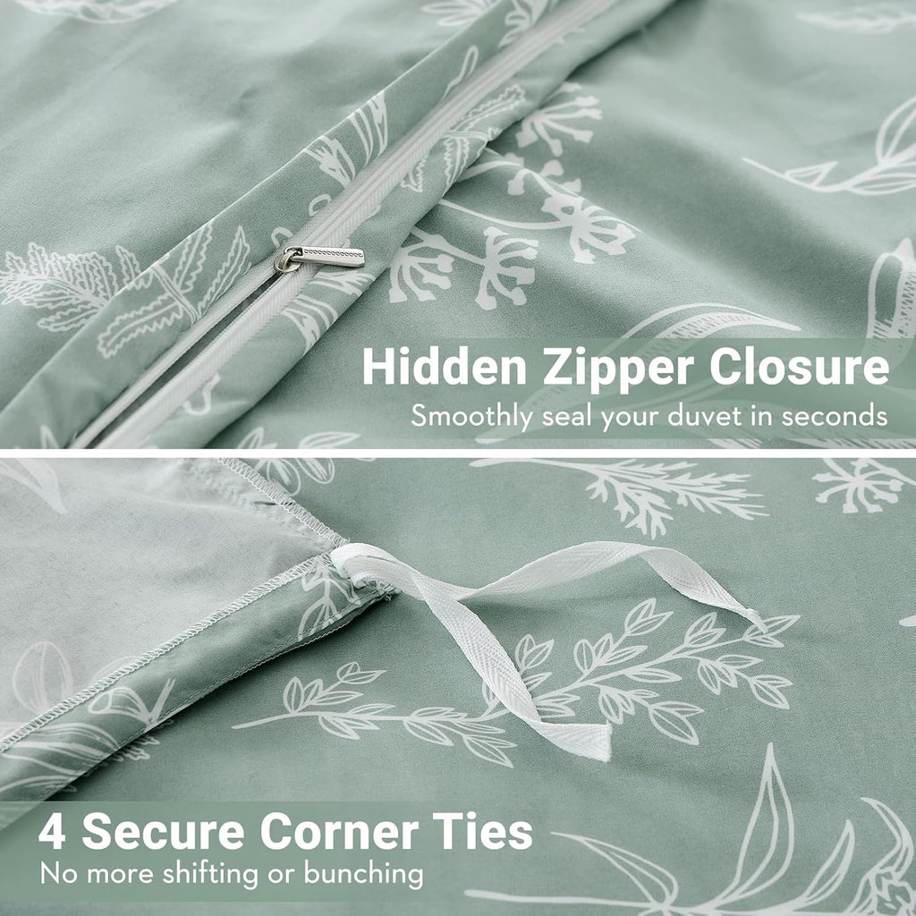 Duvet Cover, Reversible Floral Green Duvet Cover Set with Zipper Closure, 3 Pieces Botanical Patterns Soft