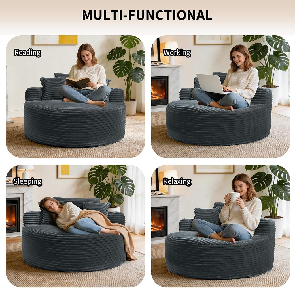 55'' Oversized Round Chaise Lounge Chair Indoor, Upholstered Corduroy Cloud Circle Chair with 3 Pillows, Deep Seat
