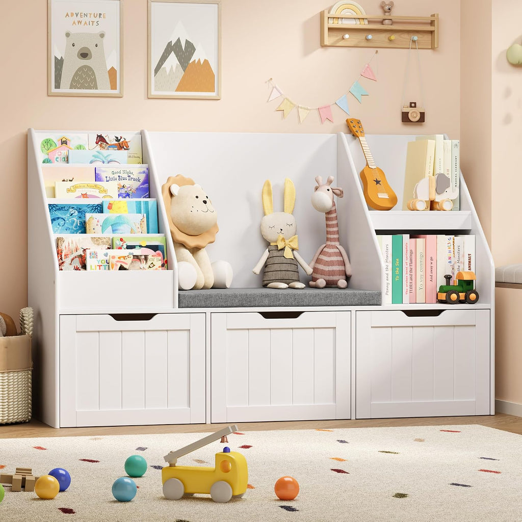 Kids Toy Storage Organizer with Reading Nook, Kids Bookshelf with 3 Movable Drawers, Kids Reading Nook with Bench for