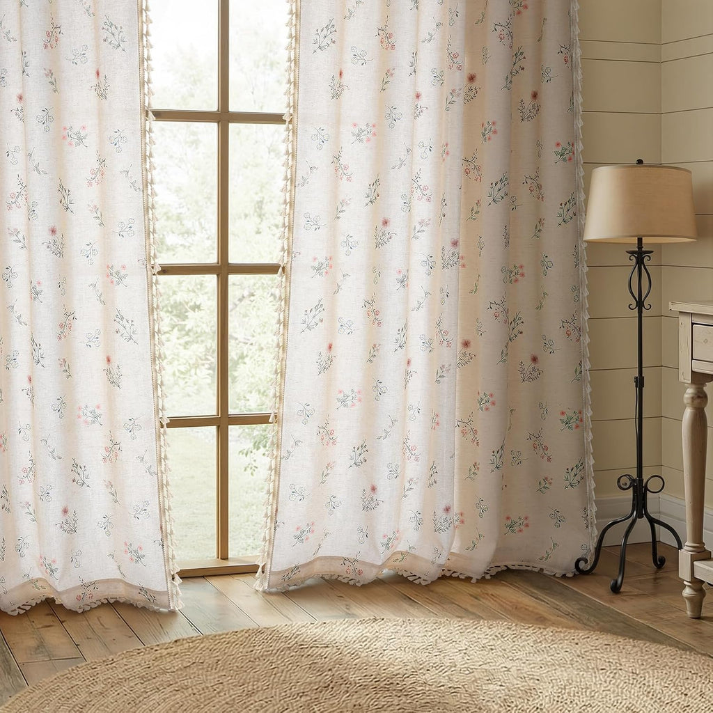 Boho Floral Spring Semi Sheer Curtains 2 Panels Set, Linen Texture Farmhouse Light Filtering Curtains