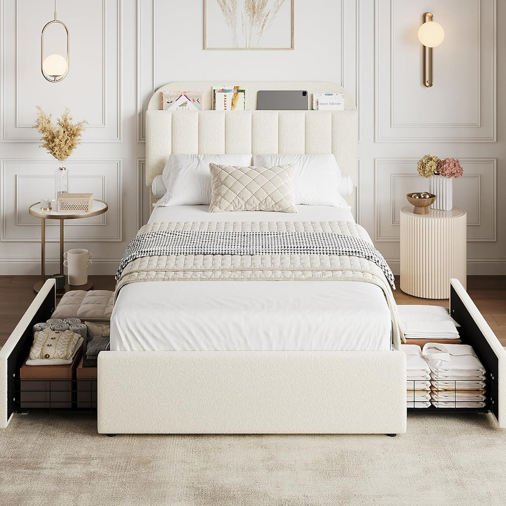Twin Bed Frame, Platform Bed with Storage Headboard & Drawers | Boucle Upholstered Bed Frame for Kids, Bookcase