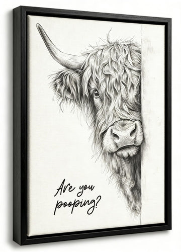 Black Framed Funny Highland Cow Bathroom Wall Art Black and White 16x24 In