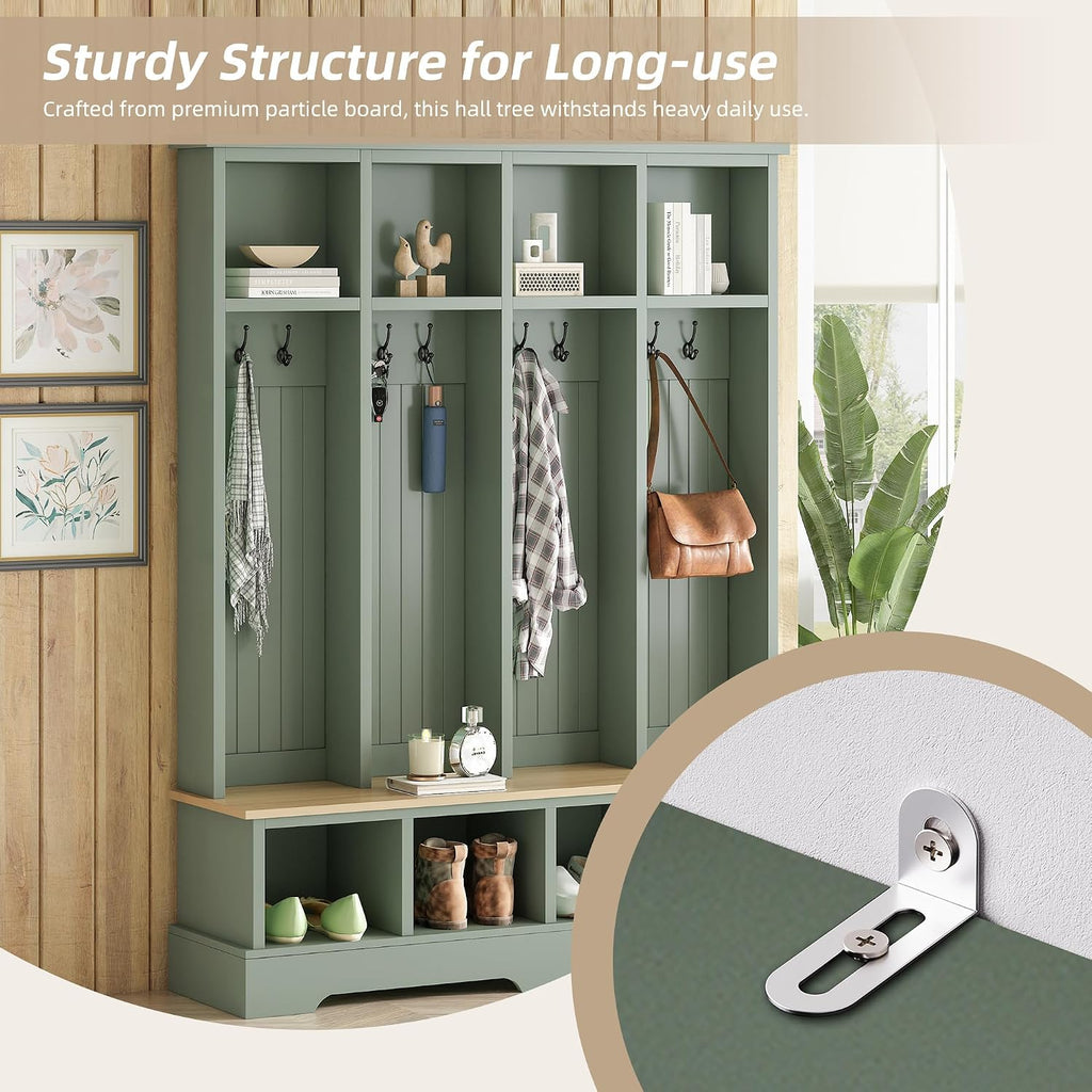 Farmhouse Hall Tree with Bench and Shoe Storage, 59" Entryway Bench with Coat Rack, 3-in-1 Hall Tree with Top