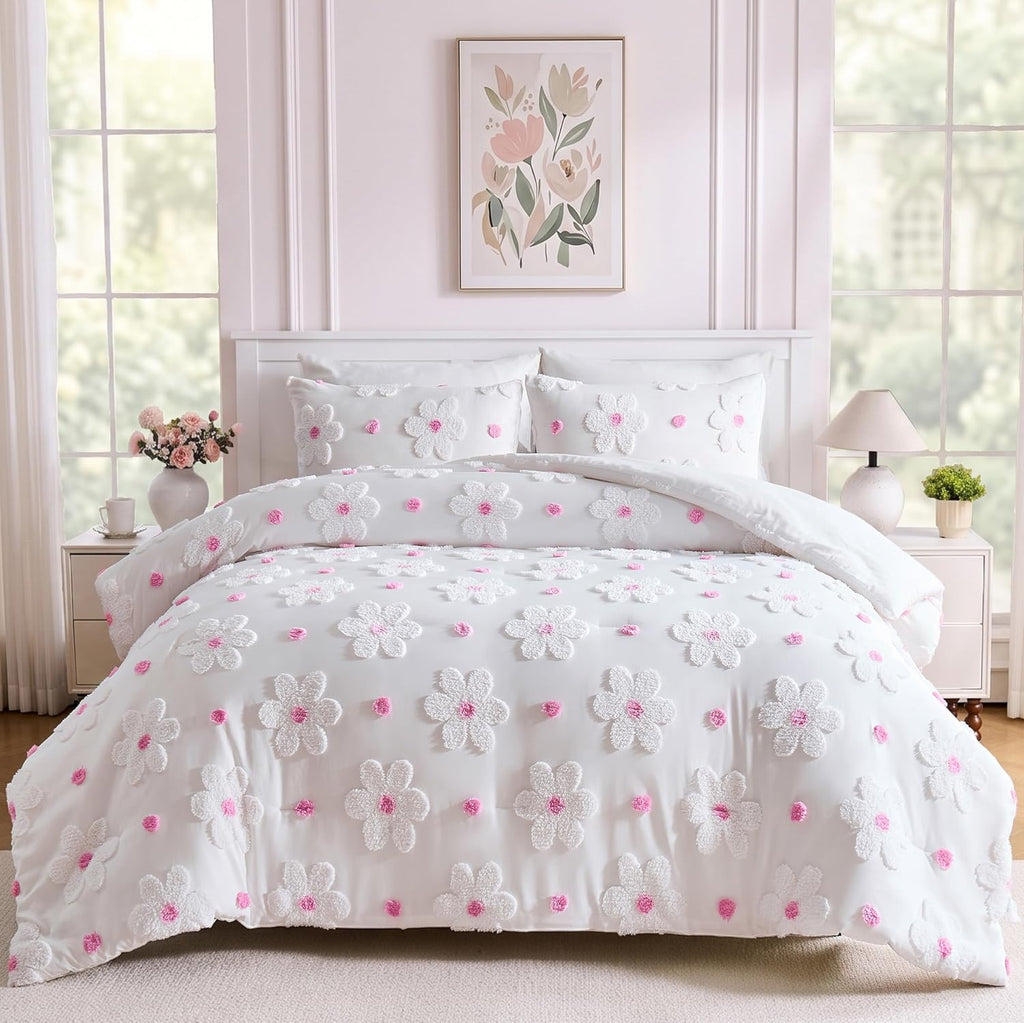 Queen Comforter Set for Girls Pink Tufted Daisies Flowers Bedding Set