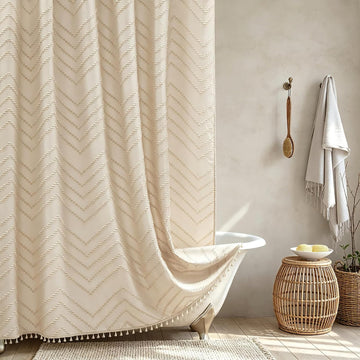 Boho Farmhouse Shower Curtain Woven Fabric Cute Beige Shower Curtain, 72 x 72 Tufted Chevron Textured Striped Modern