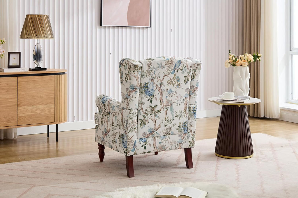 Modern Floral Accent Chair Retro Wood Legs, Linen Wingback Seat Bedroom Office, Bird Floral Single Sofa Chair with