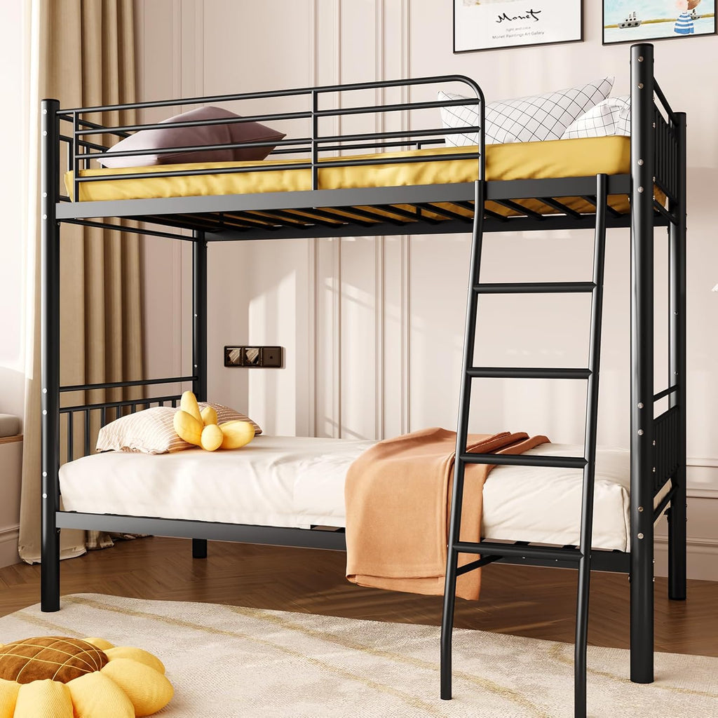Bunk Bed Twin Over Twin, Metal Bed Frame, Twin Bunk Bed with Stairs and Safety Guardrail, No Box Spring Needed